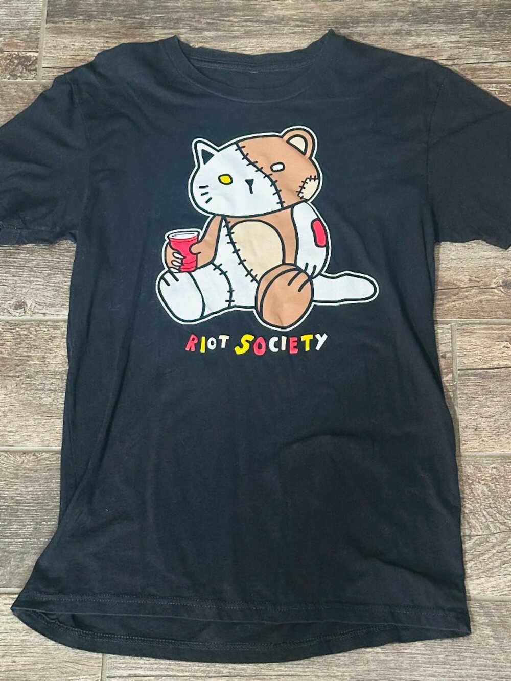 Riot Society Black Cotton Graphic T-Shirt - Cat with Red Cup - Size Medium M